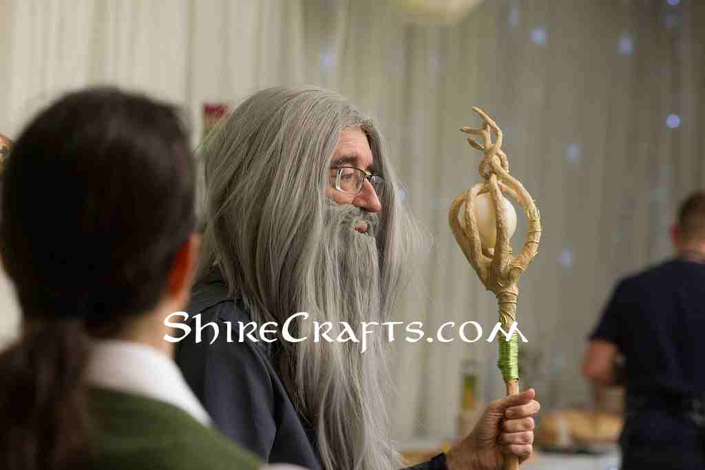 Side picture of man dressed like Gandalf a staff, only showing the top half of the body.